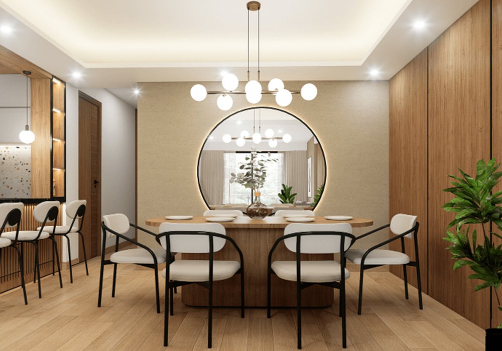 Departamento Manquehue Oriente — comedor con espejo circular