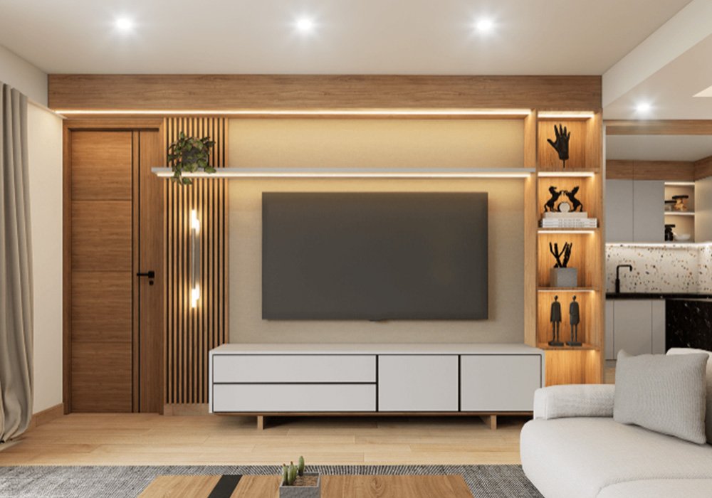 Departamento Manquehue Oriente — muro de TV en madera ranurada
